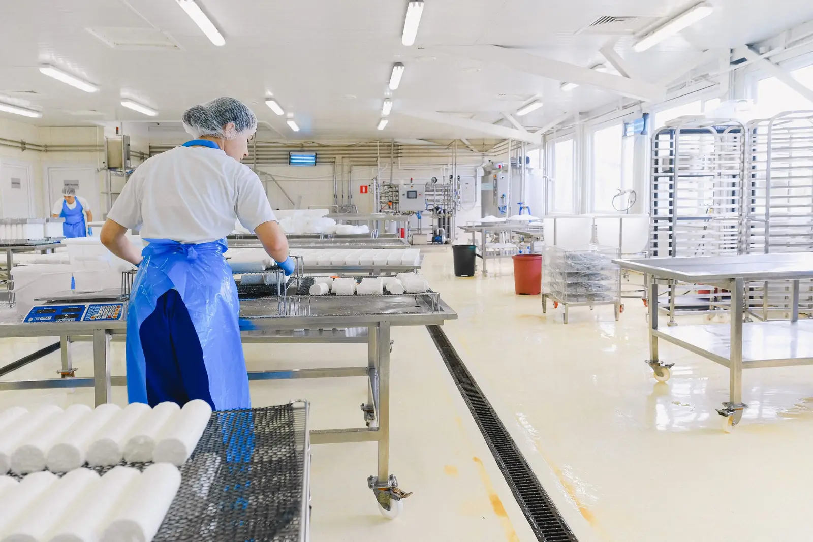 Mitarbeiterin mit Haarnetz und Schürze an einer Produktionslinie in der Lebensmittelindustrie